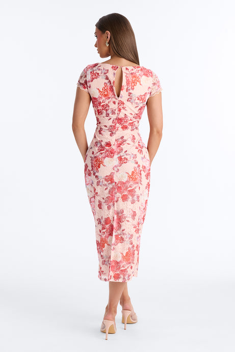 Charlotte Floral Lace Midi Dress - Red/combo