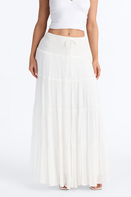 California Coast Low Rise Smocked Gauze Maxi Skirt - White