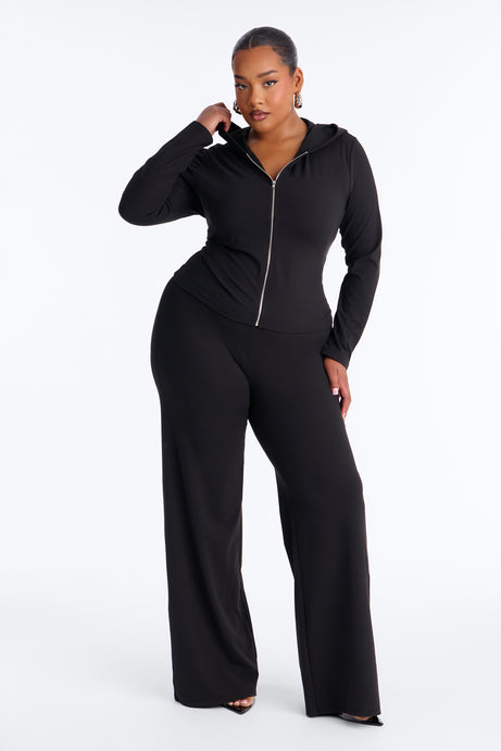 Casual Vibe Zip Up Hoodie Pant Set - Black