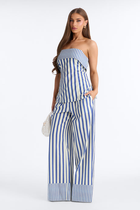 Ocean Views Foldover Striped Linen Top - Blue/combo