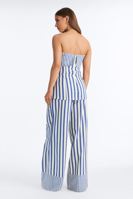 Ocean Views Foldover Striped Linen Top - Blue/combo