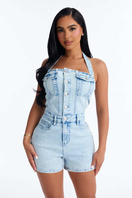 Yara Denim Halter Romper - Light Wash