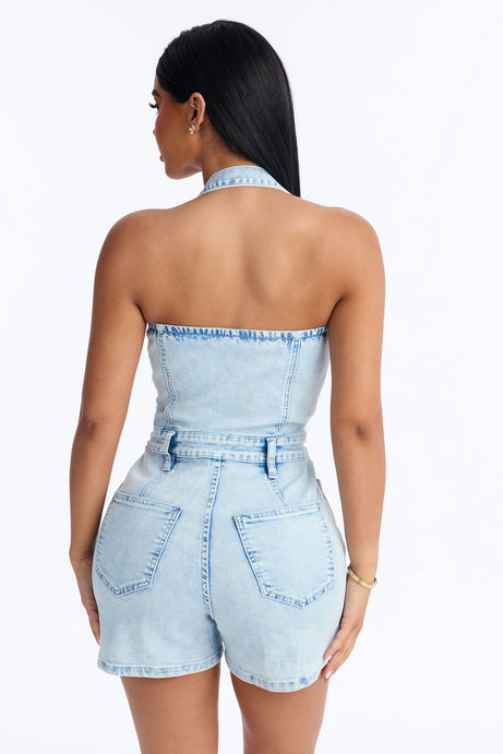 Yara Denim Halter Romper - Light Wash