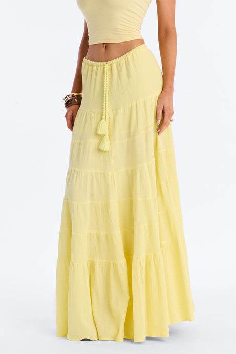 Summer Haze Tiered Rope Tie Waist Maxi Skirt - Butter Yellow