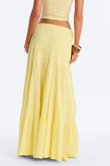 Summer Haze Tiered Rope Tie Waist Maxi Skirt - Butter Yellow
