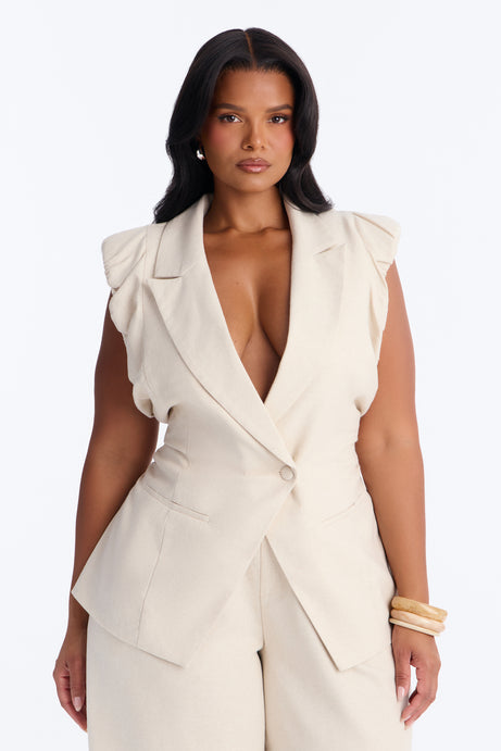 Nhulla Sleeveless Ruched Linen Blazer - Natural