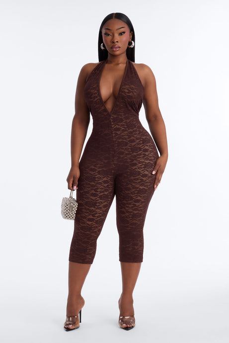 Midnight Strolls Backless Lace Jumpsuit - Chocolate