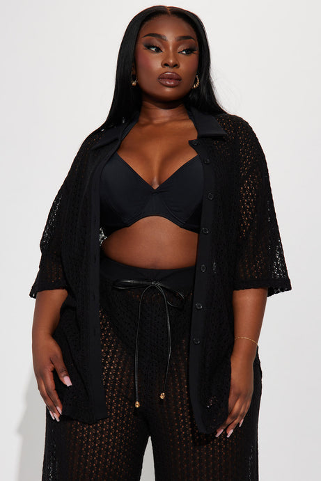 Abby Button Up Swim Cover Up Top - Black
