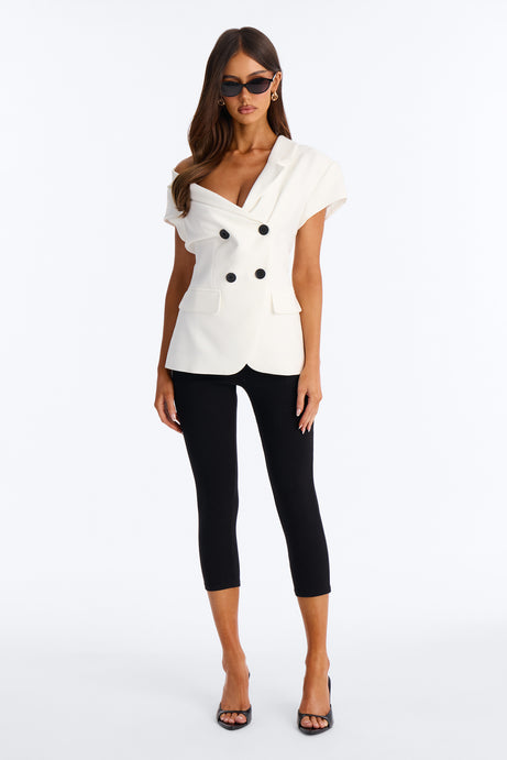 Valerie Asymmetrical Neckline Short Sleeve Blazer - White