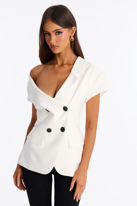 Valerie Asymmetrical Neckline Short Sleeve Blazer - White
