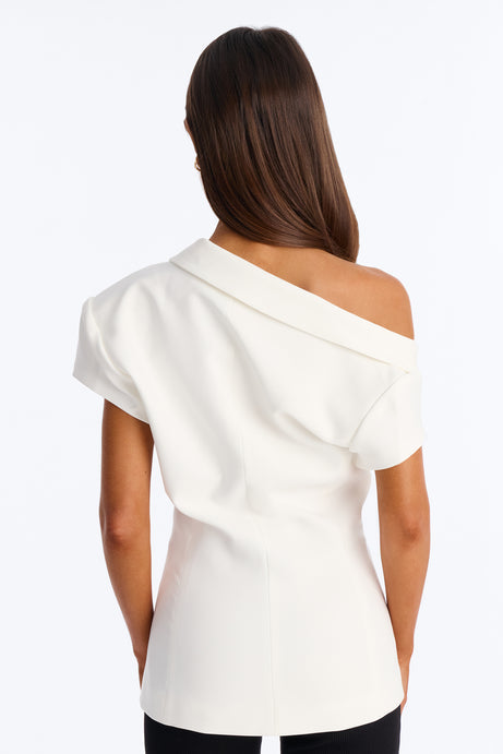 Valerie Asymmetrical Neckline Short Sleeve Blazer - White
