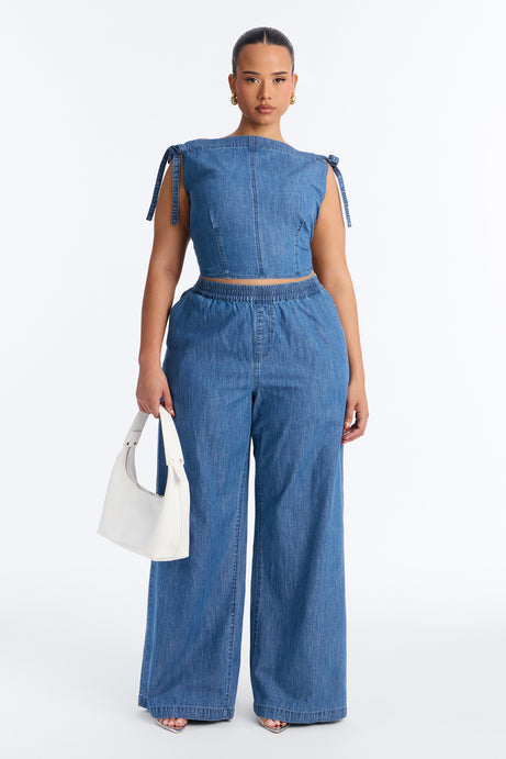 Brynn Off The Shoulder Wide Leg Denim Set - Medium Wash