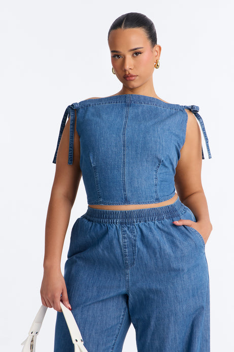 Brynn Off The Shoulder Wide Leg Denim Set - Medium Wash