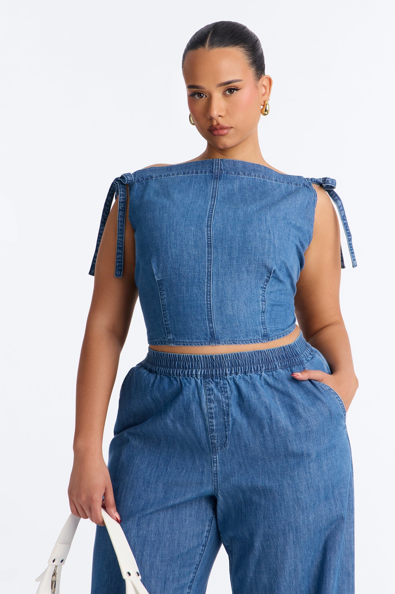 Brynn Off The Shoulder Wide Leg Denim Set - Medium Wash
