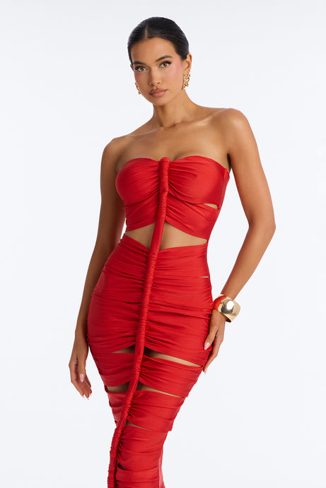 Soranda Ruched Midi Dress - Red
