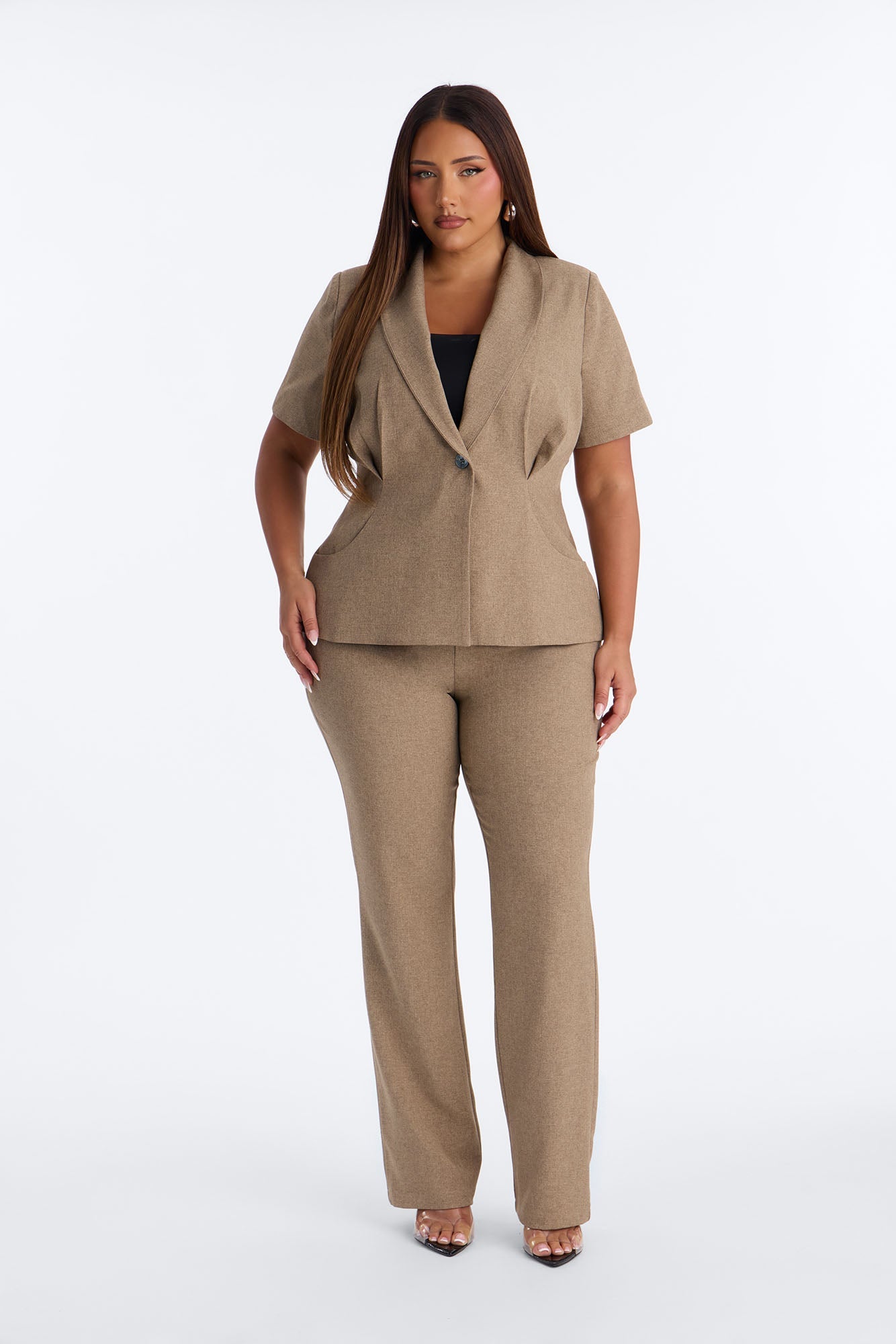 Panthere Short Sleeve Rounded Stand Collar Blazer - Caffe