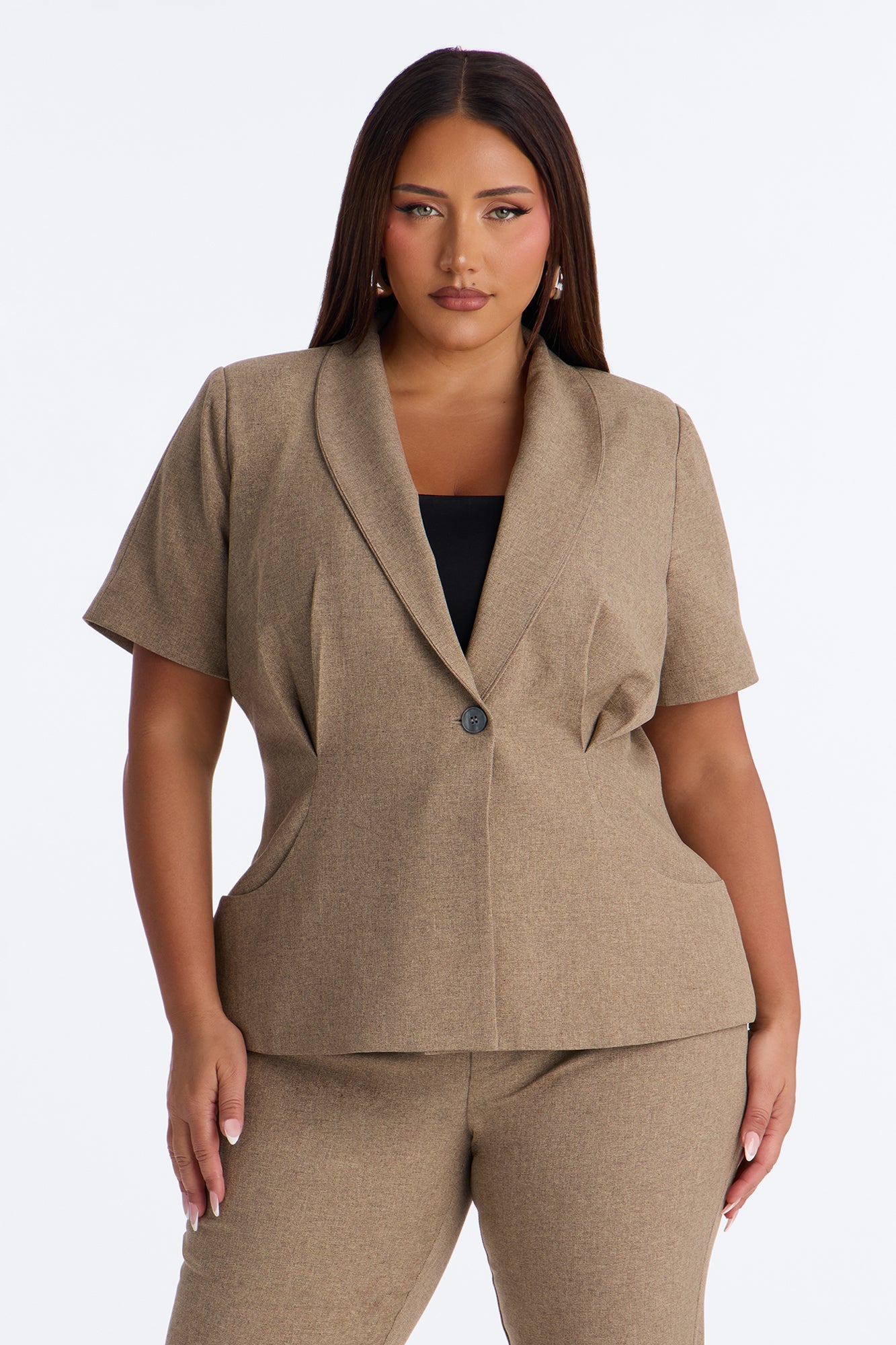 Panthere Short Sleeve Rounded Stand Collar Blazer - Caffe