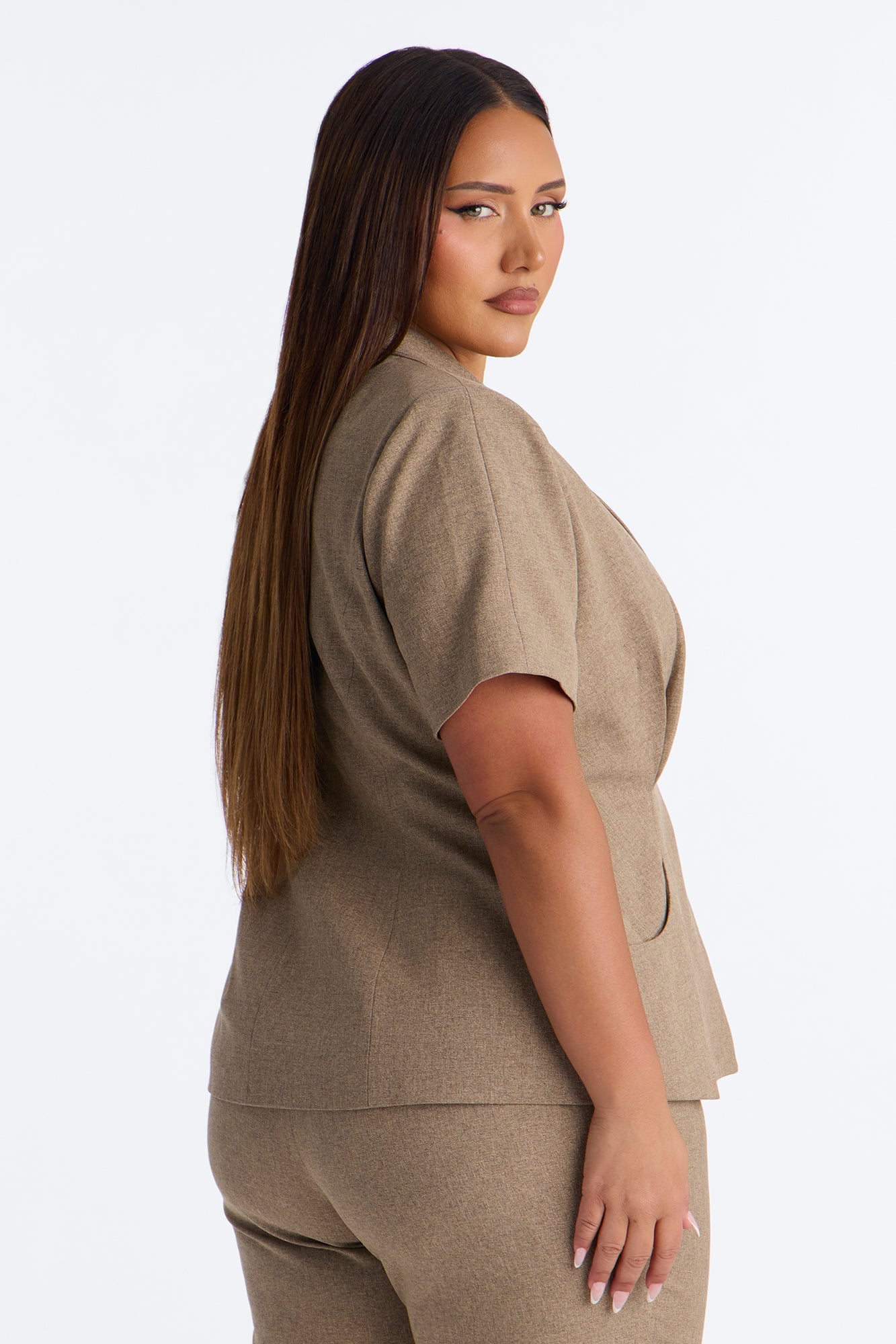 Panthere Short Sleeve Rounded Stand Collar Blazer - Caffe
