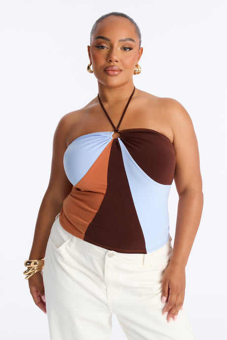 Weekend Fun Hardware Halter Top - Brown/combo