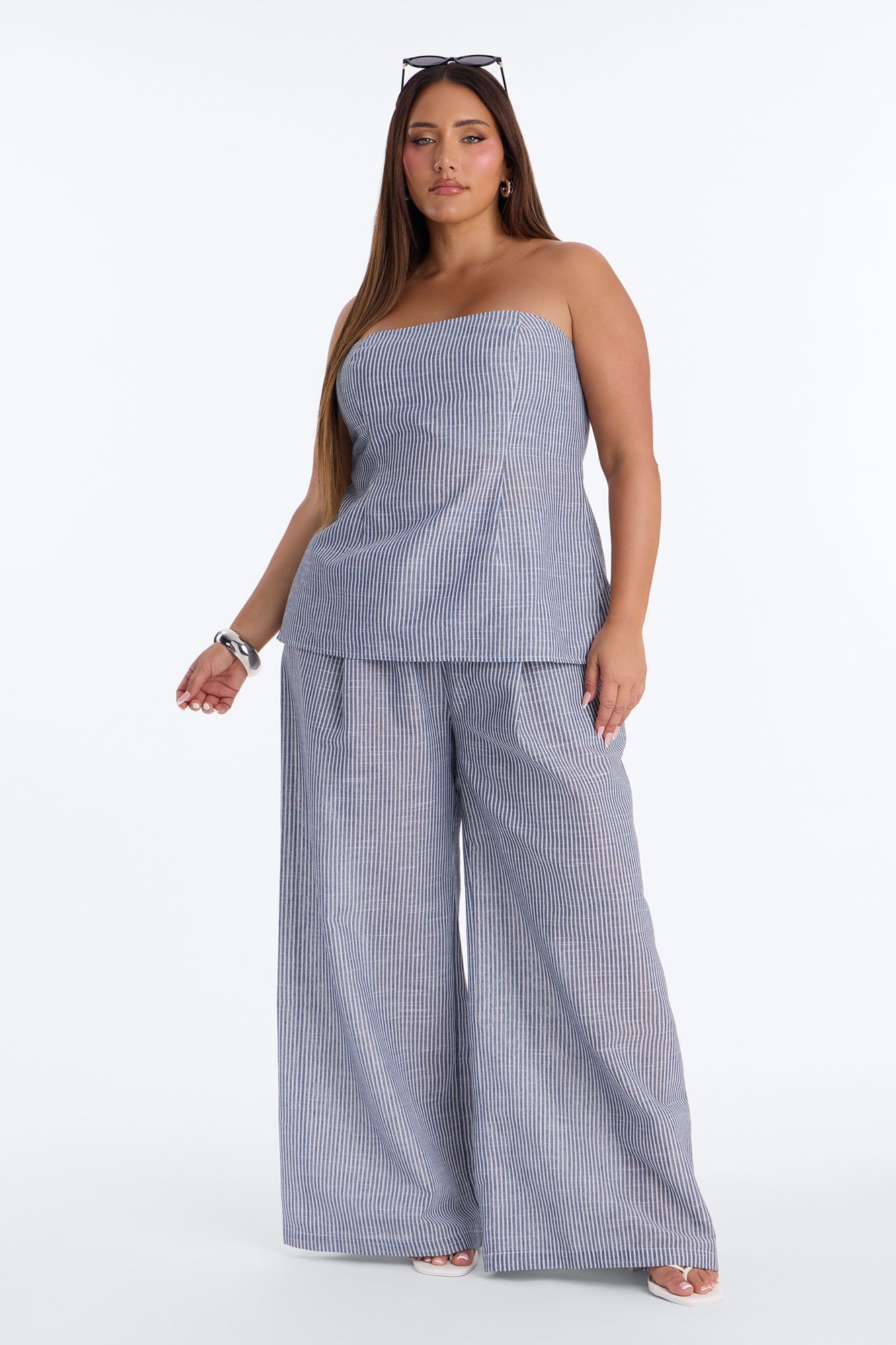Luella Strapless Striped Linen Pant Set - White/Blue
