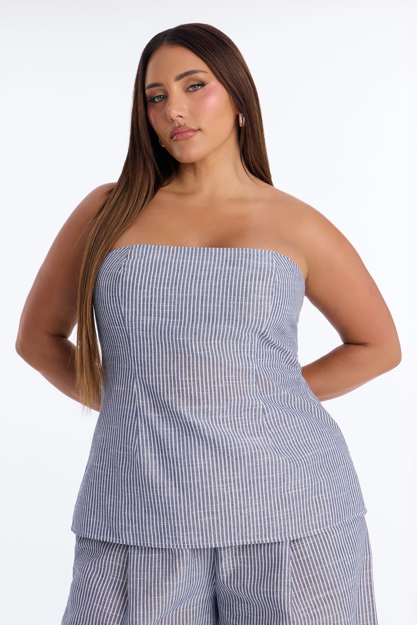 Luella Strapless Striped Linen Pant Set - White/Blue