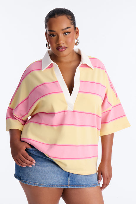 Emerson Striped Short Sleeve Polo Top - Yellow/combo