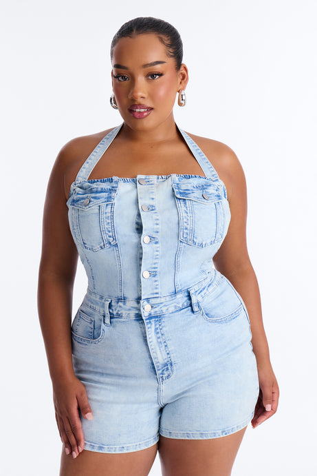 Yara Denim Halter Romper - Light Wash