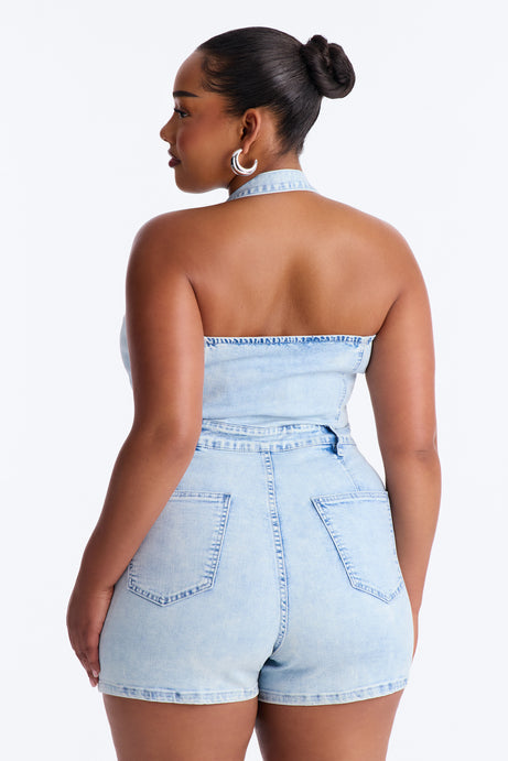 Yara Denim Halter Romper - Light Wash