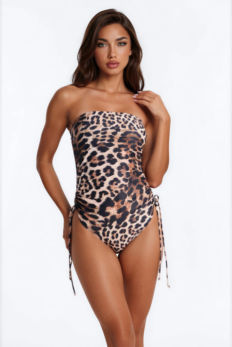 Fallon Leopard 1 Piece Ruched Strapless Swimsuit - Leopard