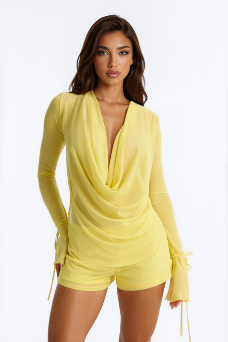 Ysabel Cowl Neck Mesh Short Set - Yellow