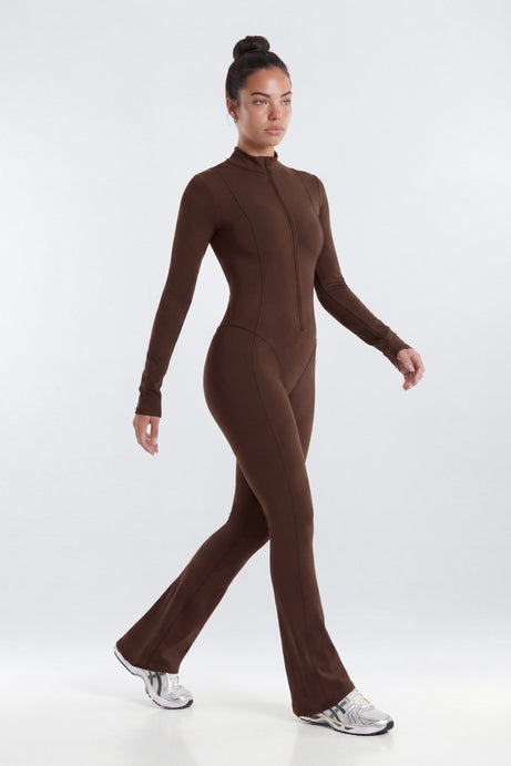 CloudForm™ 32″ Mock Neck Long Sleeve Flare Jumpsuit - Brown