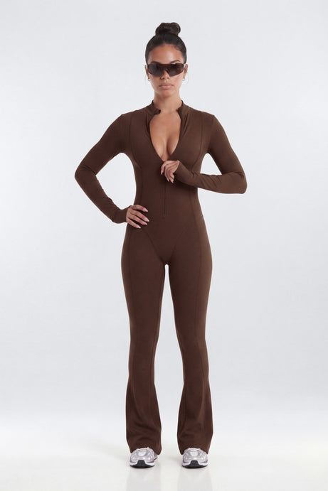 CloudForm™ 32″ Mock Neck Long Sleeve Flare Jumpsuit - Brown
