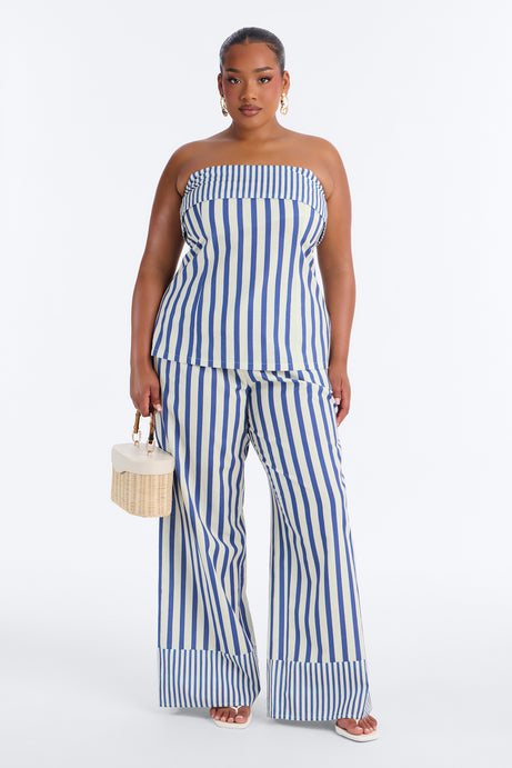 Ocean Views Foldover Striped Linen Top - Blue/combo