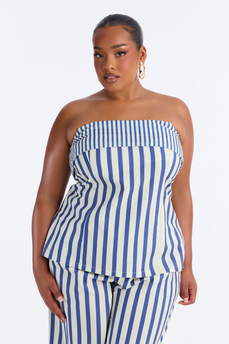 Ocean Views Foldover Striped Linen Top - Blue/combo