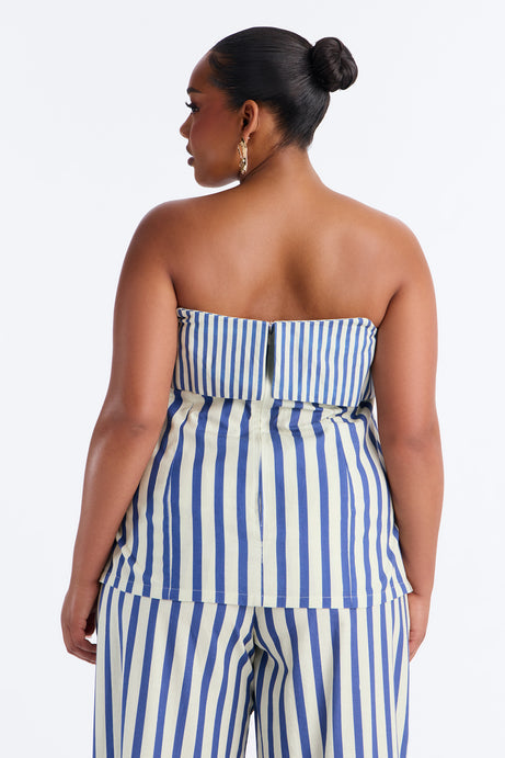 Ocean Views Foldover Striped Linen Top - Blue/combo