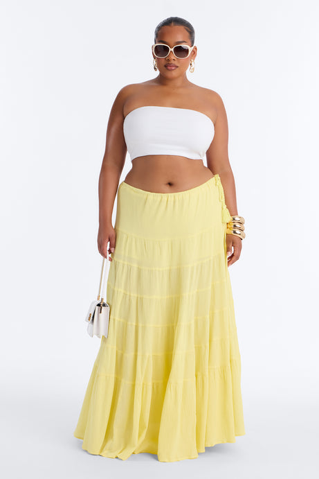 Summer Haze Tiered Rope Tie Waist Maxi Skirt - Butter Yellow