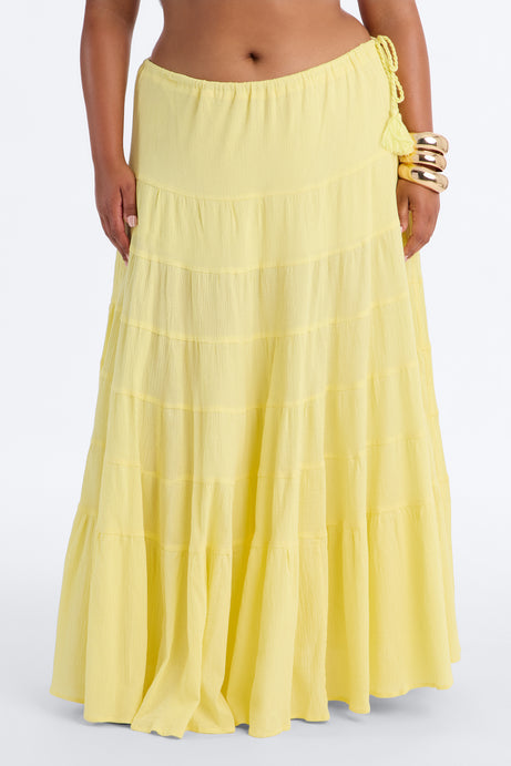 Summer Haze Tiered Rope Tie Waist Maxi Skirt - Butter Yellow