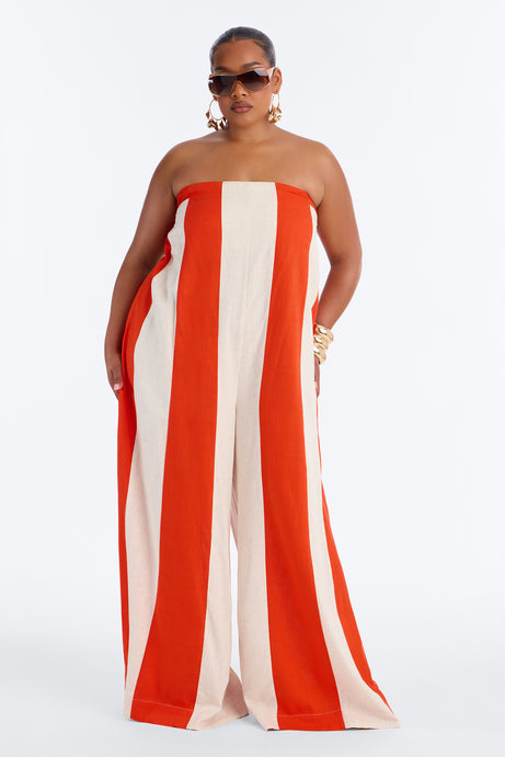 Michelle Striped Strapless Linen Jumpsuit - Orange