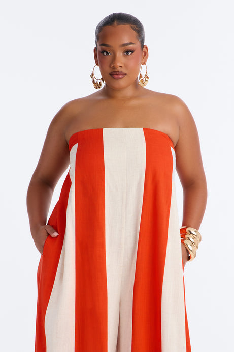 Michelle Striped Strapless Linen Jumpsuit - Orange