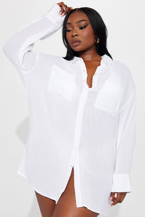 Breezy Nights Linen Pocket Cover Up Shirt - White
