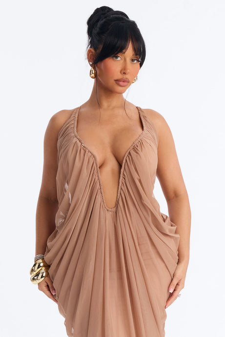 Hailey Draped Mesh Maxi Dress - Mocha