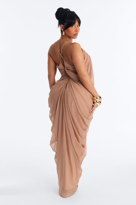 Hailey Draped Mesh Maxi Dress - Mocha