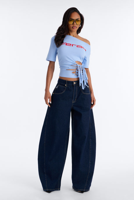 Girl Gone Feral Off Shoulder Tee - Light Blue