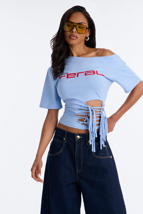 Girl Gone Feral Off Shoulder Tee - Light Blue