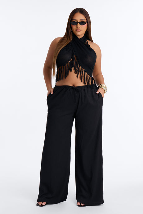 Living On Sunshine Fringe Sweater Halter Top - Black