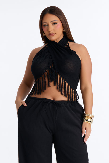Living On Sunshine Fringe Sweater Halter Top - Black