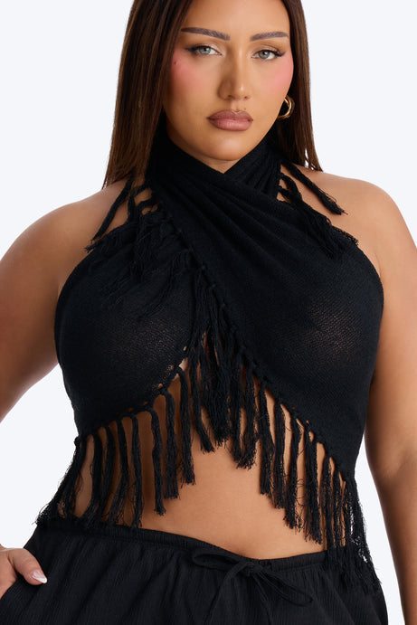 Living On Sunshine Fringe Sweater Halter Top - Black