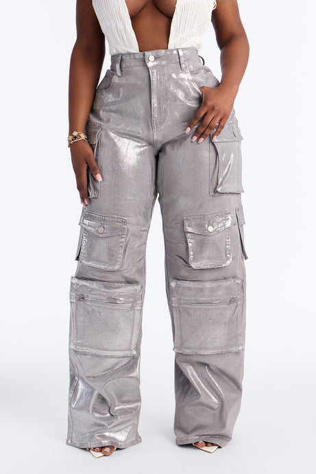 Tall Time To Shine Foil Baggy Cargo Jeans - Silver