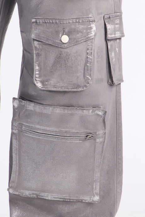 Tall Time To Shine Foil Baggy Cargo Jeans - Silver