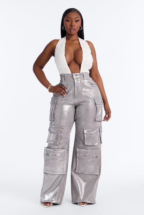 Tall Time To Shine Foil Baggy Cargo Jeans - Silver